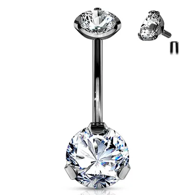 316L Surgical Steel Black PVD Internally Threaded White CZ Belly Ring