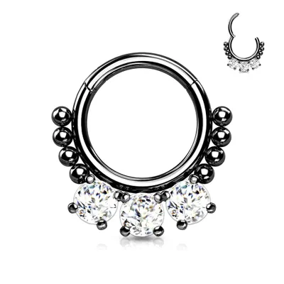 316L Surgical Steel Black PVD White CZ Beaded Hinged Septum Clicker Hoop