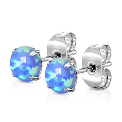 Pair of 316L Surgical Steel Blue Opal Earrings Studs