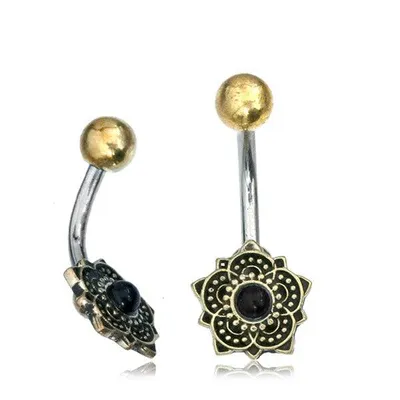 316L Surgical Steel & Brass Lotus Flower with Black Onyx Stone Belly Ring