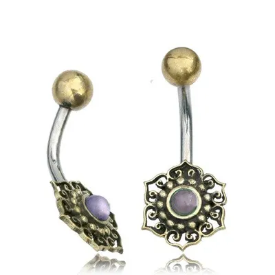 316L Surgical Steel & Brass Lotus Flower with Purple Moon Stone  Belly Ring