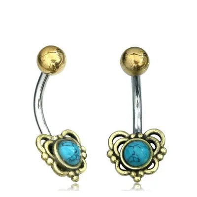 316L Surgical Steel & Brass Turquoise Heart  Belly Ring