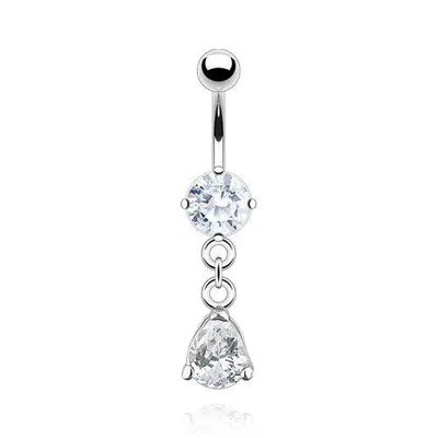 316L Surgical Steel Clawed White CZ Circle With Teardrop Dangle Belly Ring