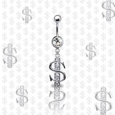 316L Surgical Steel CZ Dollar Sign Dangle Belly Ring