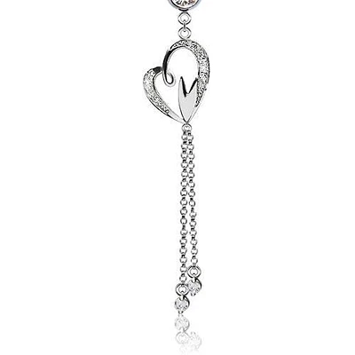 316L Surgical Steel CZ Heart with Hanging Gemmed Chain Dangle Belly Ring