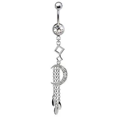 316L Surgical Steel CZ Moon with Chain Teardrops Dangle Belly Ring