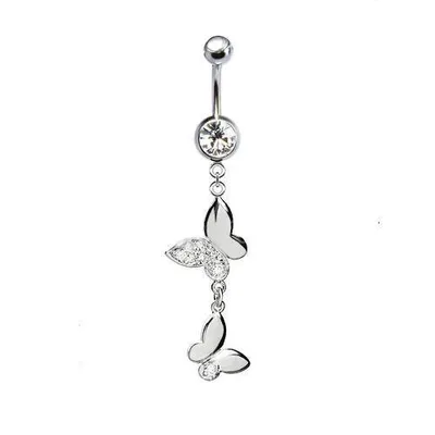 316L Surgical Steel Dainty Double Butterfly with CZ Wing Dangle Belly Ring