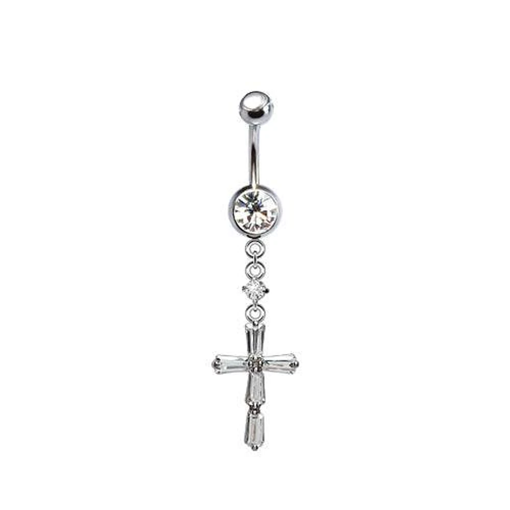 316L Surgical Steel Dainty Thin Baguette Cross Dangle Belly Ring