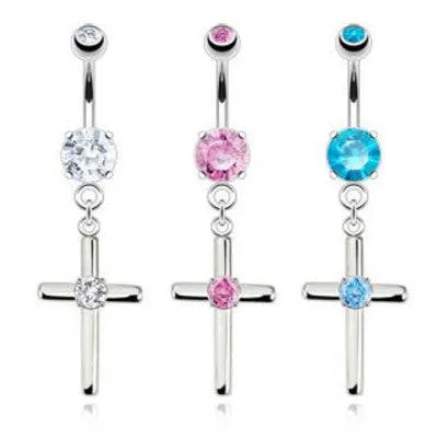316L Surgical Steel Dangling Centre CZ Religious Cross Belly Button Navel Ring