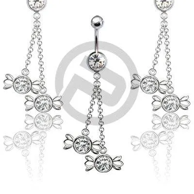 316L Surgical Steel Dangling Double CZ Chain Candy Wrapper Belly Button Navel Ring