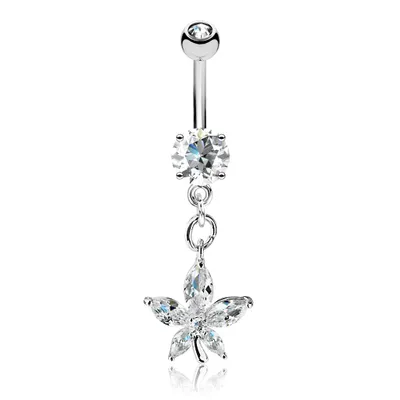 316L Surgical Steel Dangling Petal Flower White CZ Belly Ring