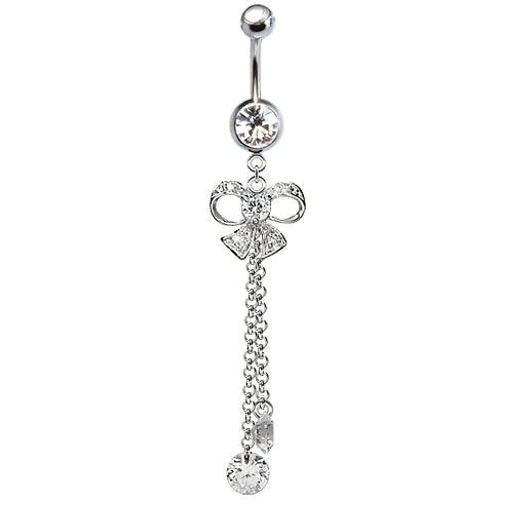 316L Surgical Steel Diamond Bow with Chain Double CZ Dangle Belly Ring