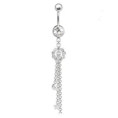 316L Surgical Steel Diamond Circle with Hanging Moon, Star & Heart Dangle Belly Ring