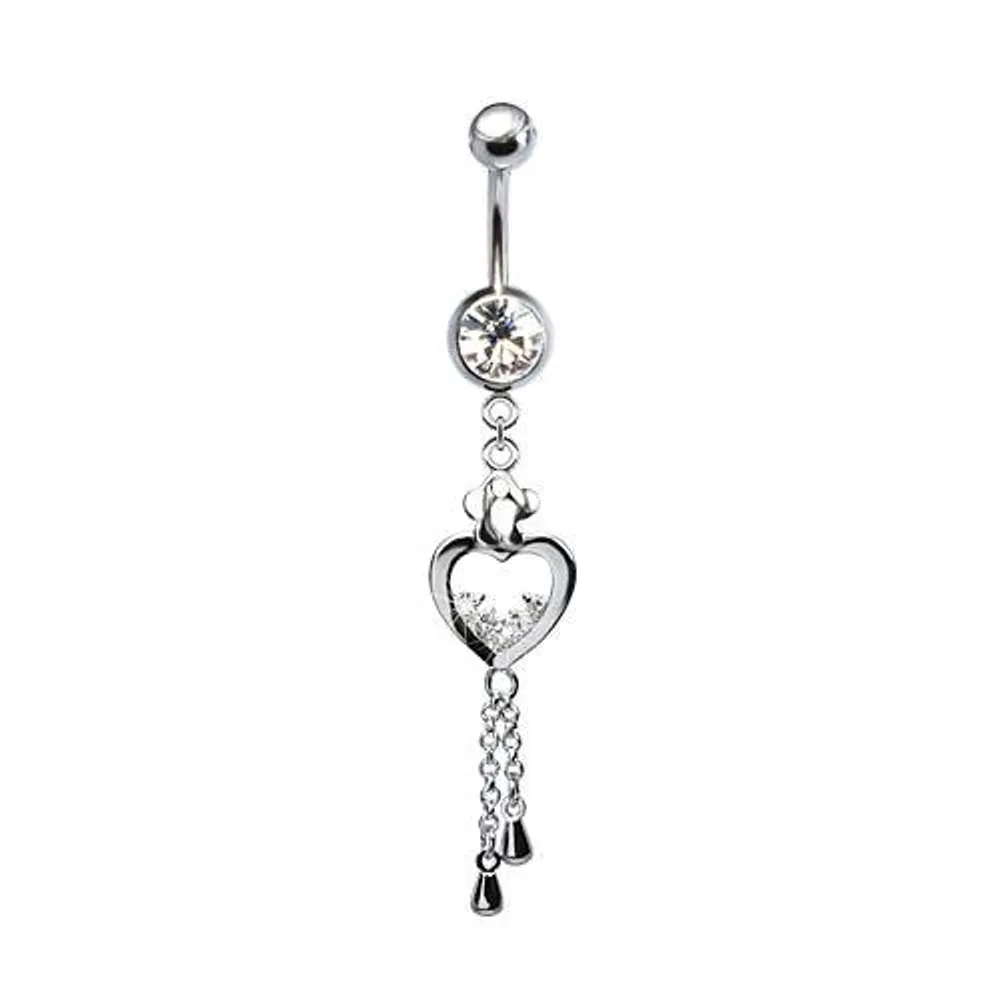 316L Surgical Steel Diamond Lined Heart with Butterfly Top & Chain Dangle Belly Ring