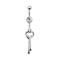 316L Surgical Steel Diamond Lined Heart with Butterfly Top & Chain Dangle Belly Ring