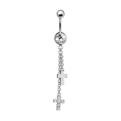 316L Surgical Steel Double Cross with Chain Dangle Belly Ring