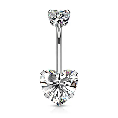 316L Surgical Steel Double Heart White CZ Gem Belly Button Ring