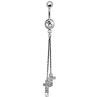 316L Surgical Steel Double Tassel and CZ Cross Dangle Belly Ring