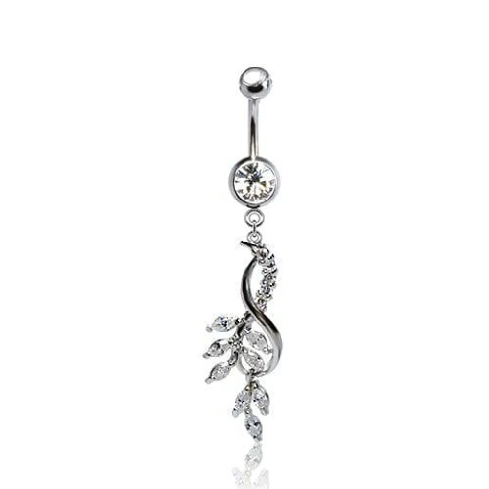 316L Surgical Steel Elegant CZ Infinity Sign with Intertwined Leaves Dangle Belly Ring