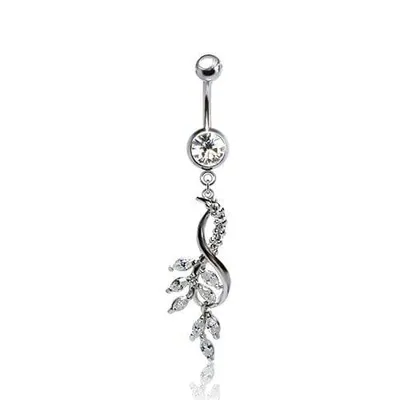 316L Surgical Steel Elegant CZ Infinity Sign with Intertwined Leaves Dangle Belly Ring