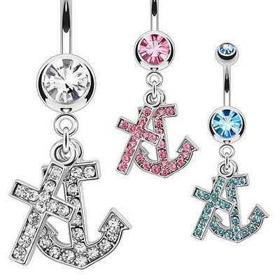 316L Surgical Steel Gem Cross & Anchor Dangling Belly Button Navel Ring