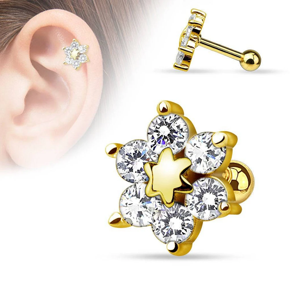 316L Surgical Steel Gold Plated Large Flower CZ Ear Helix Ball Back Stud