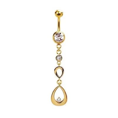 316L Surgical Steel Gold PVD Ascending Double Teardrop CZ Gem Dangle Belly Ring