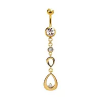 316L Surgical Steel Gold PVD Ascending Double Teardrop CZ Gem Dangle Belly Ring