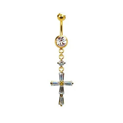 316L Surgical Steel Gold PVD Dainty Thin Baguette Cross Dangle Belly Ring