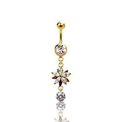 316L Surgical Steel Gold PVD Diamond Flower Dangle Belly Ring