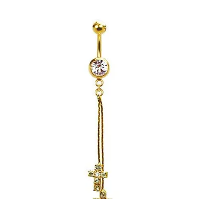 316L Surgical Steel Gold PVD Double Tassel and CZ Cross Dangle Belly Ring