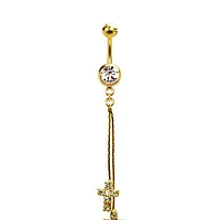 316L Surgical Steel Gold PVD Double Tassel and CZ Cross Dangle Belly Ring