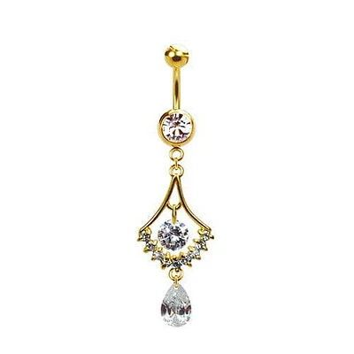 316L Surgical Steel Gold PVD Elegant Diamond Chandelier with Teardrop Dangle Belly Ring