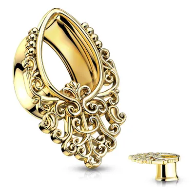 316L Surgical Steel Gold PVD Filigree Teardrop Shaped Double Flared Tunnels