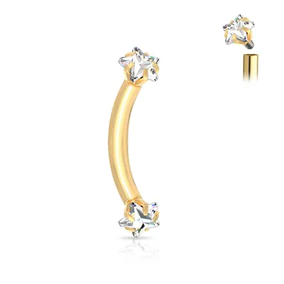 316L Surgical Steel Gold PVD Internally Threaded Double White CZ Star Curved Barbell