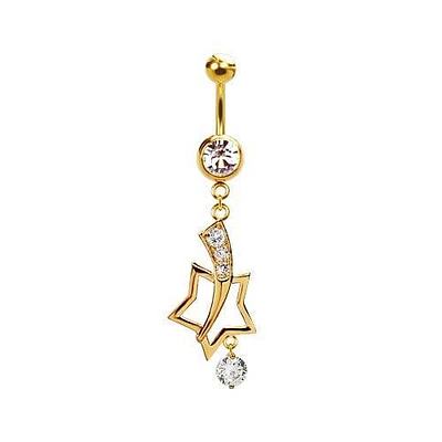 316L Surgical Steel Gold PVD Shooting Star Diamond CZ Dangle Belly Ring