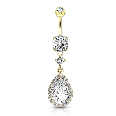 316L Surgical Steel Gold PVD Teardrop White CZ Pave Dangle Belly Ring