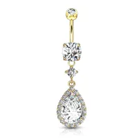 316L Surgical Steel Gold PVD Teardrop White CZ Pave Dangle Belly Ring