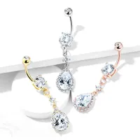 316L Surgical Steel Gold PVD Teardrop White CZ Pave Dangle Belly Ring