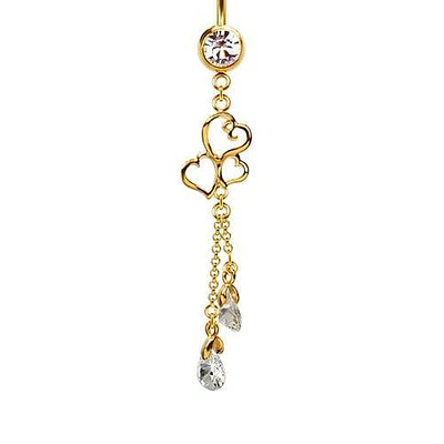 316L Surgical Steel Gold PVD Triple Heart Diamond CZ Dangle Belly Ring