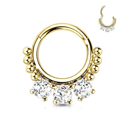 316L Surgical Steel Gold PVD White CZ Beaded Hinged Septum Clicker Hoop