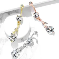 316L Surgical Steel Gold PVD White CZ Vine Dangle Belly Ring