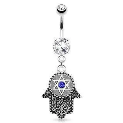 316L Surgical Steel Hamsa Star of David Dangling Belly Button Navel Ring