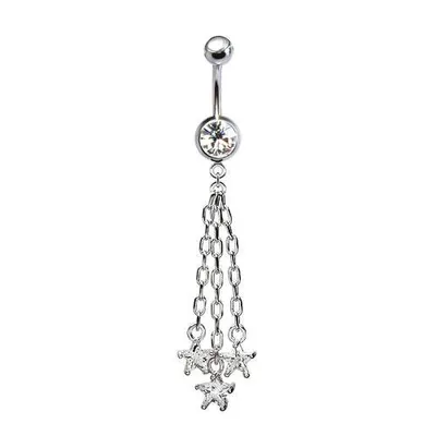 316L Surgical Steel Hanging Chain Triple Star CZ Dangle Belly Ring