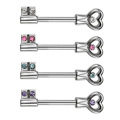 316L Surgical Steel Heart and Key CZ Gems Nipple Ring Barbell
