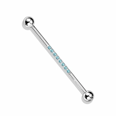 316L Surgical Steel Industrial Straight Barbell With Dainty Aqua CZ Gems