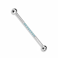 316L Surgical Steel Industrial Straight Barbell With Dainty Aqua CZ Gems