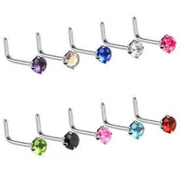 316L Surgical Steel L Shape 2mm Circle Prong Set CZ Gem Nose Ring Stud