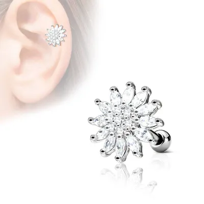 316L Surgical Steel Large Flower White CZ Cartilage Helix Barbell
