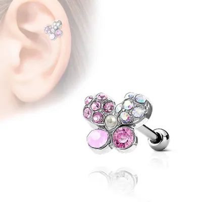 316L Surgical Steel Multi Crystal Butterfly Ear Cartilage Barbell